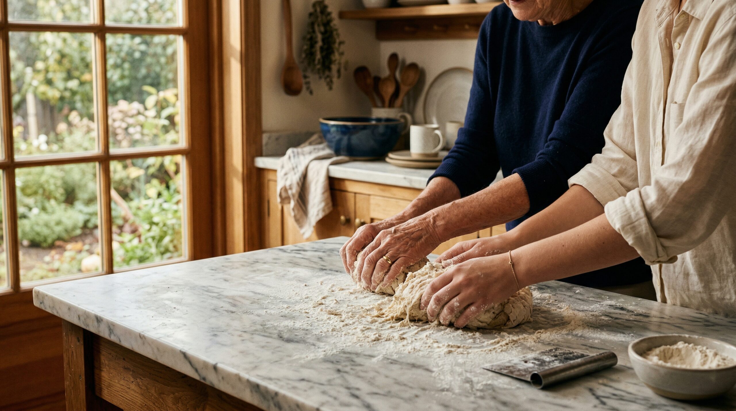 Two generations kneading artisan bread dough together on a marble island