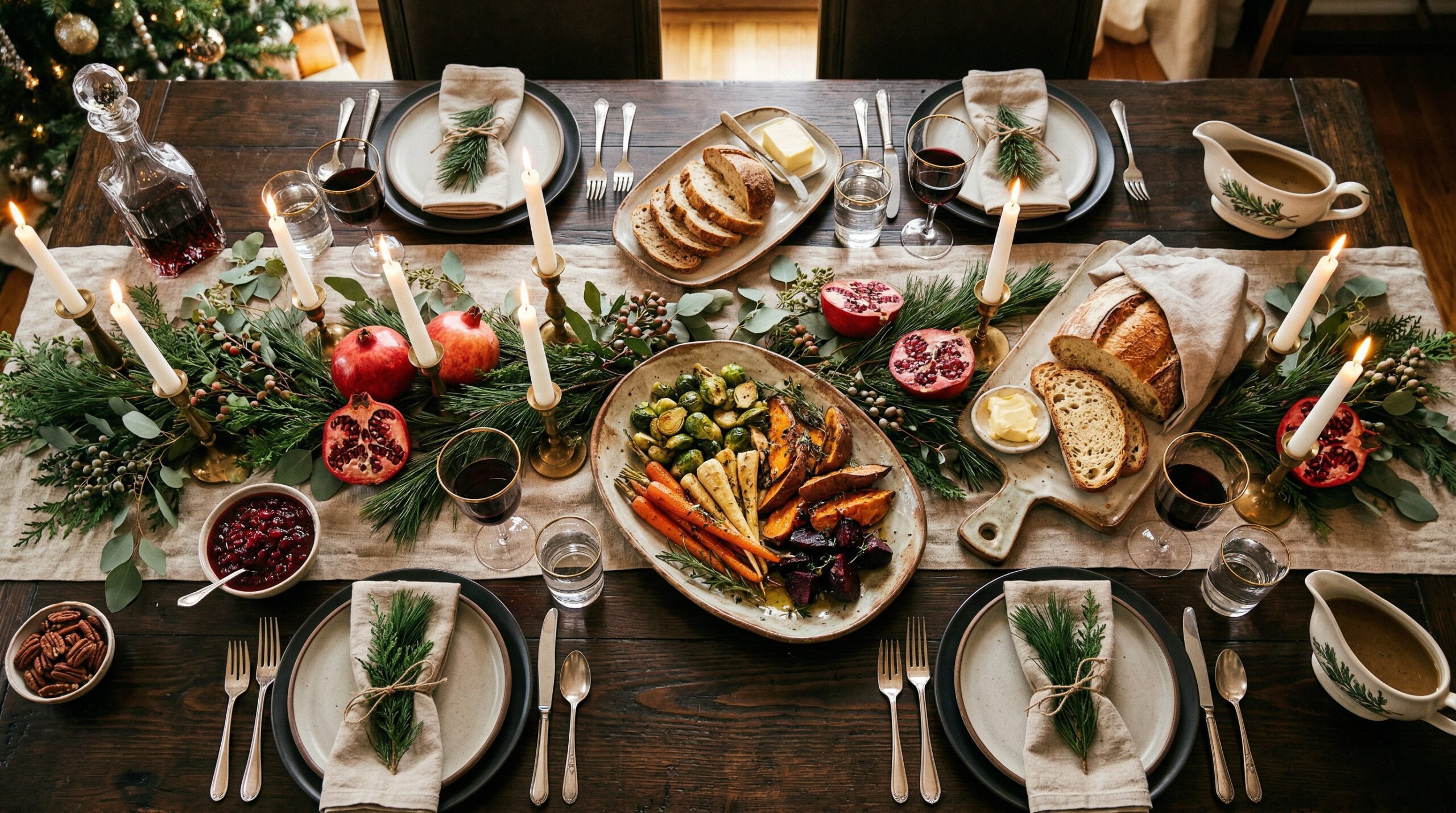A breathtaking, abundant holiday tablescape with roasted winter vegetables and pine sprigs