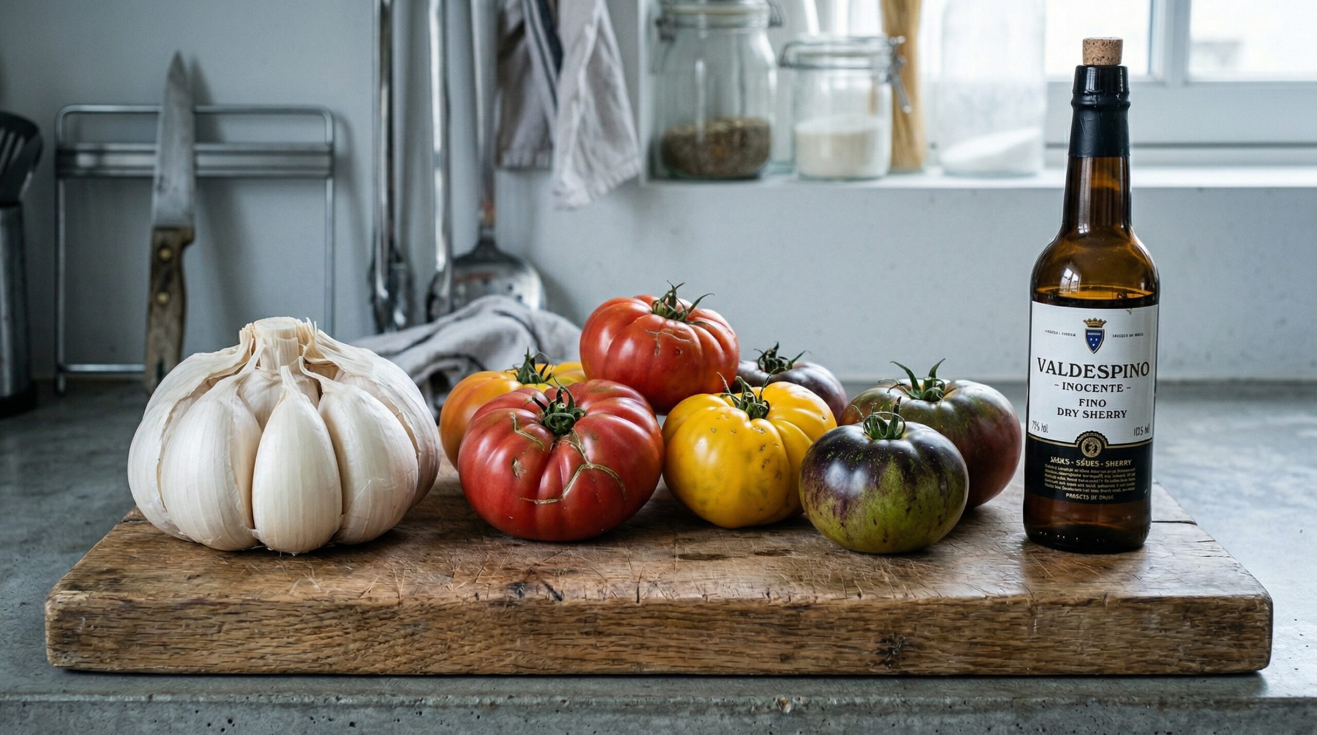 Assorted heirloom tomatoes and elephant garlic cloves on a marble prep board