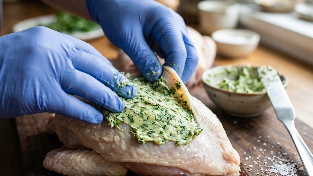 Close up action shot of hands working a thick green herb compound butter beneath the skin of a raw chicken breast