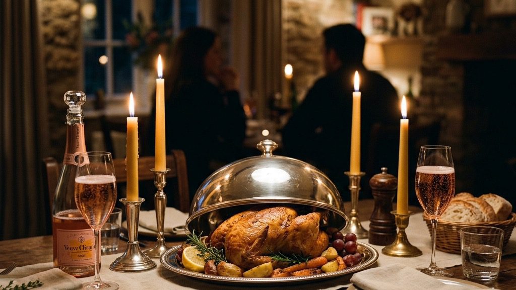 A beautifully golden roasted whole chicken served on a platter surrounded by lit candles in a romantic, dimly lit dining room