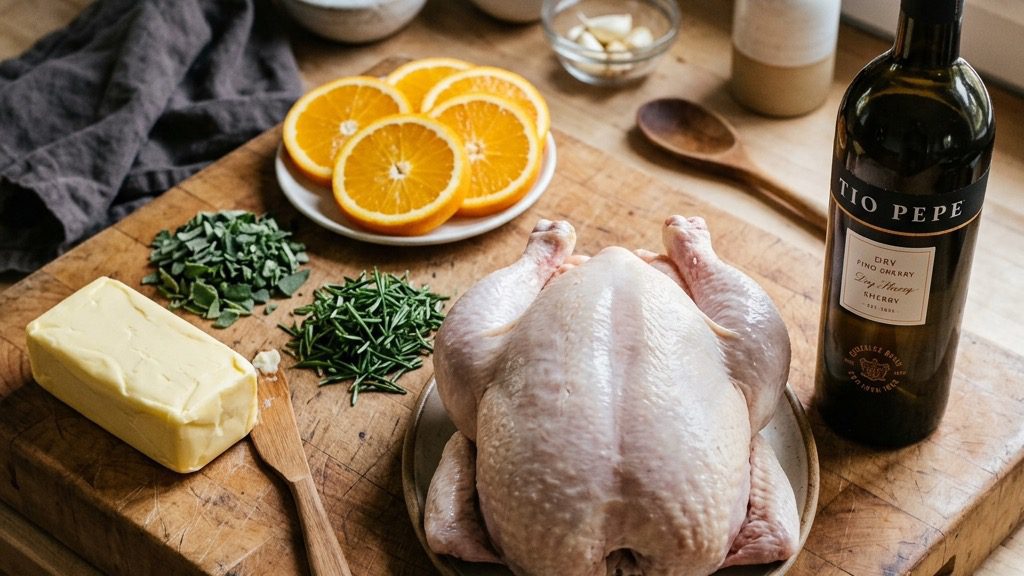 A flat lay mise-en-place of a raw whole chicken, fresh rosemary, thyme, sage, oranges, and a stick of butter on a rustic board