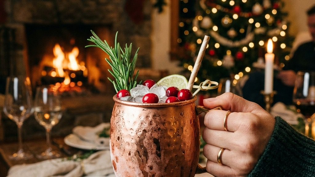 A condensation-covered pure copper mug filled with an iced holiday Moscow Mule cocktail, garnished with cranberries.