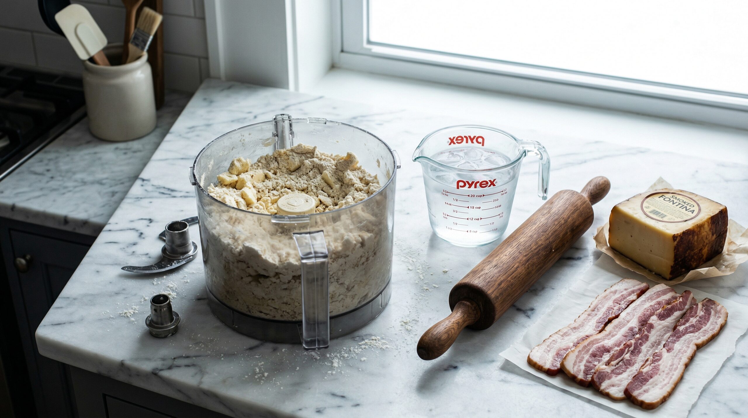 A heavy food processor bowl holding a coarse mixture of flour and cold butter resting next to ice water, a wooden rolling pin, smoked Fontina cheese, and thick-cut bacon