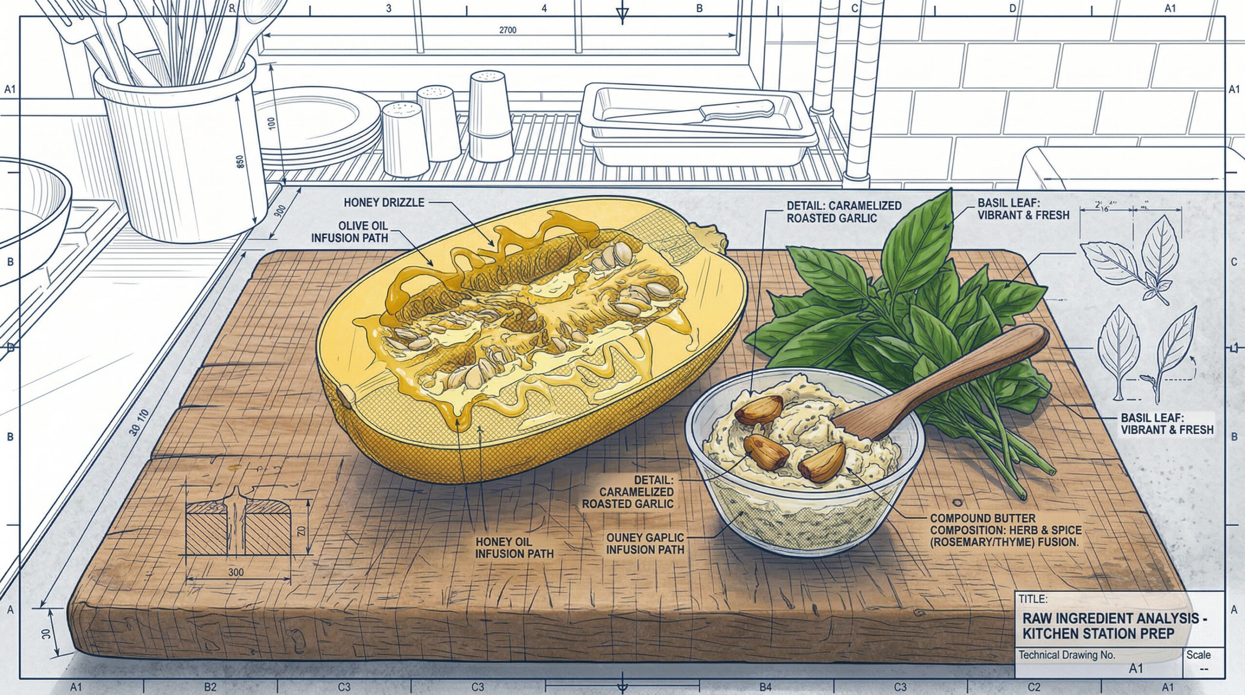 Raw halved spaghetti squash with honey and prep materials on a wooden board