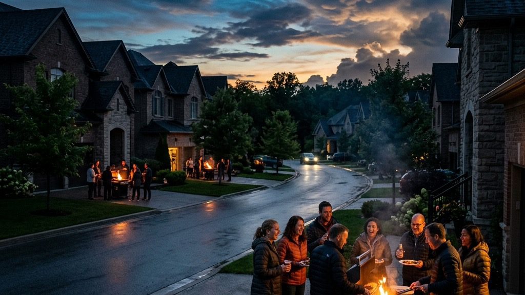 Neighbors gathered in driveways around glowing grills at twilight.