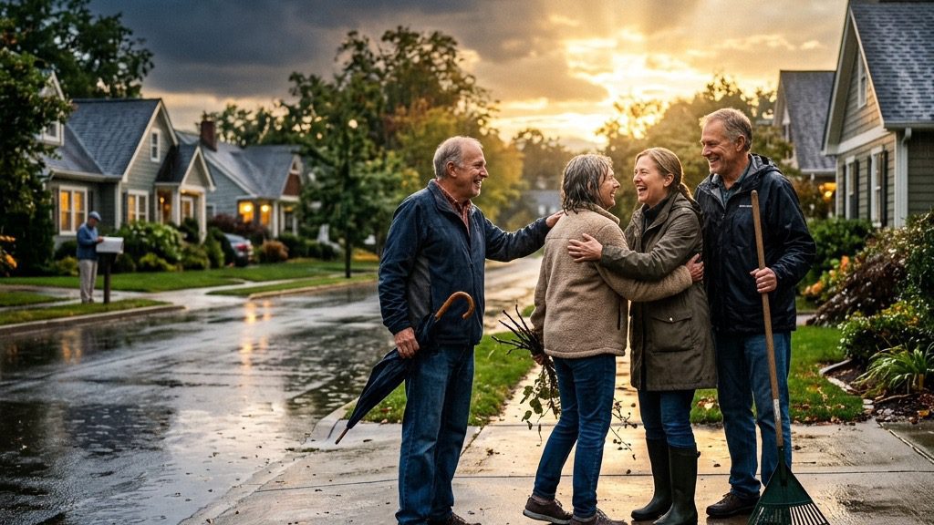 Neighbors warmly checking in with each other in a wet driveway after a heavy storm.