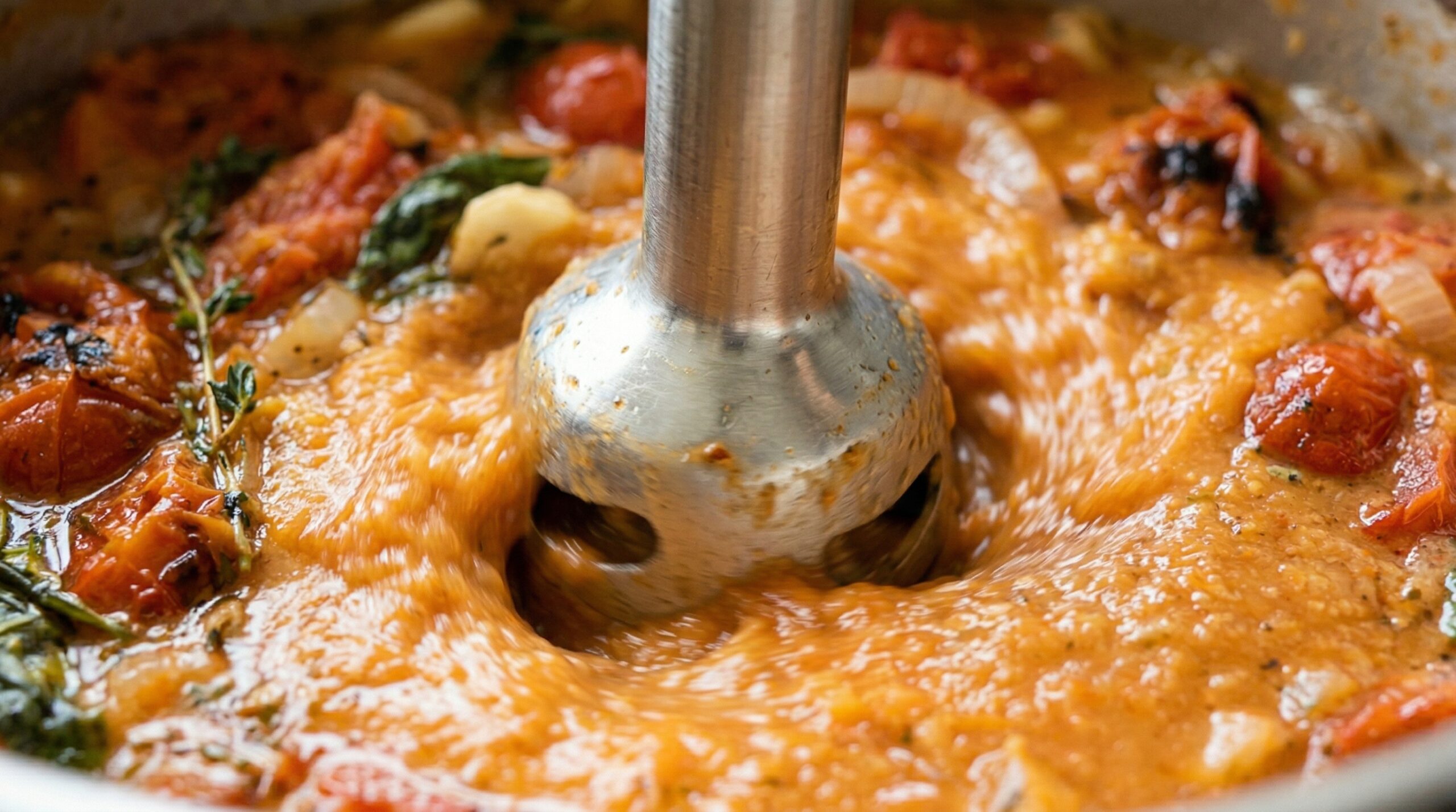 Immersion blender creating a smooth red tomato soup emulsion in a stainless pot