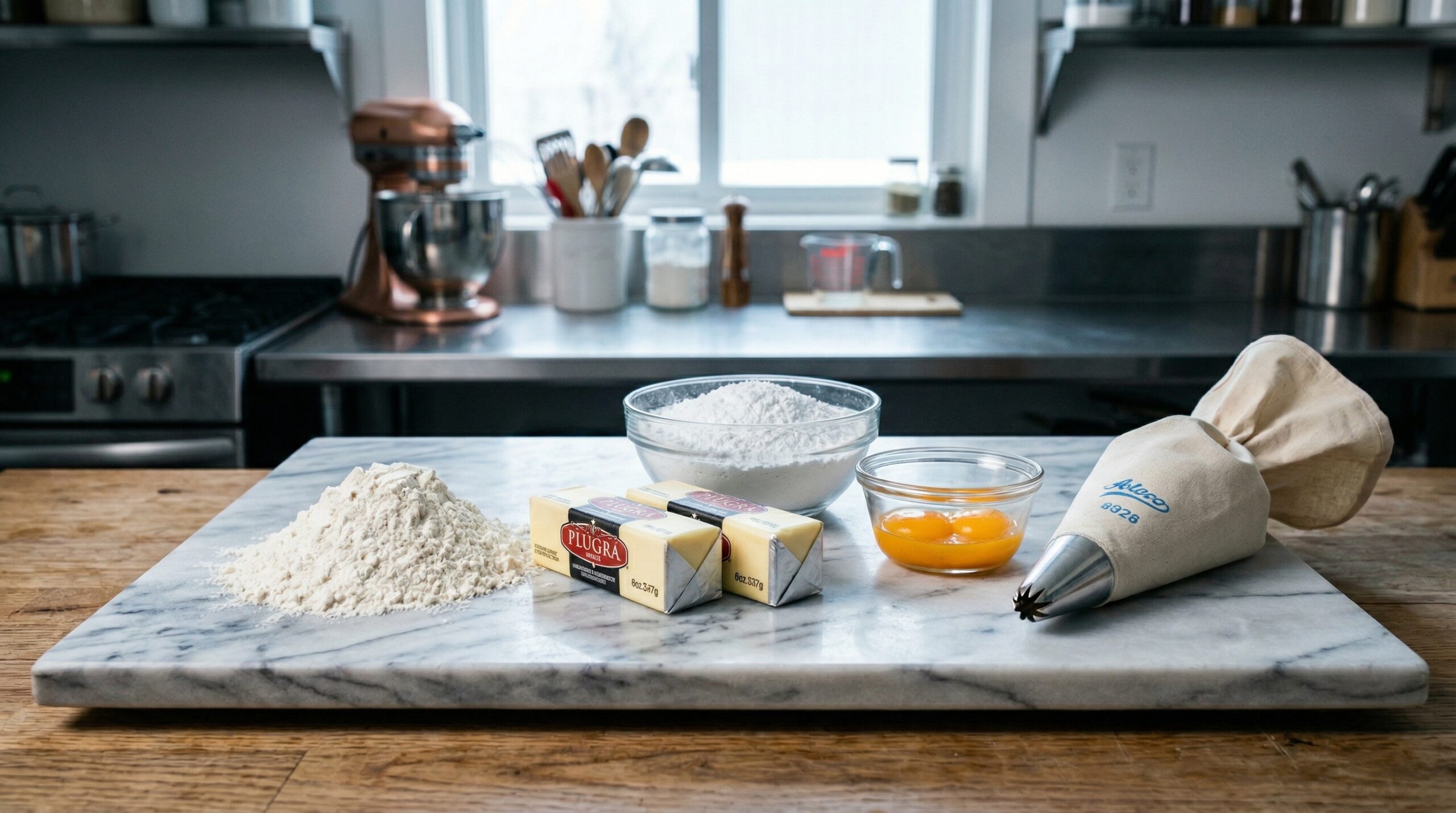 Sifted flour, egg yolks, and butter prep for Italian butter cookies