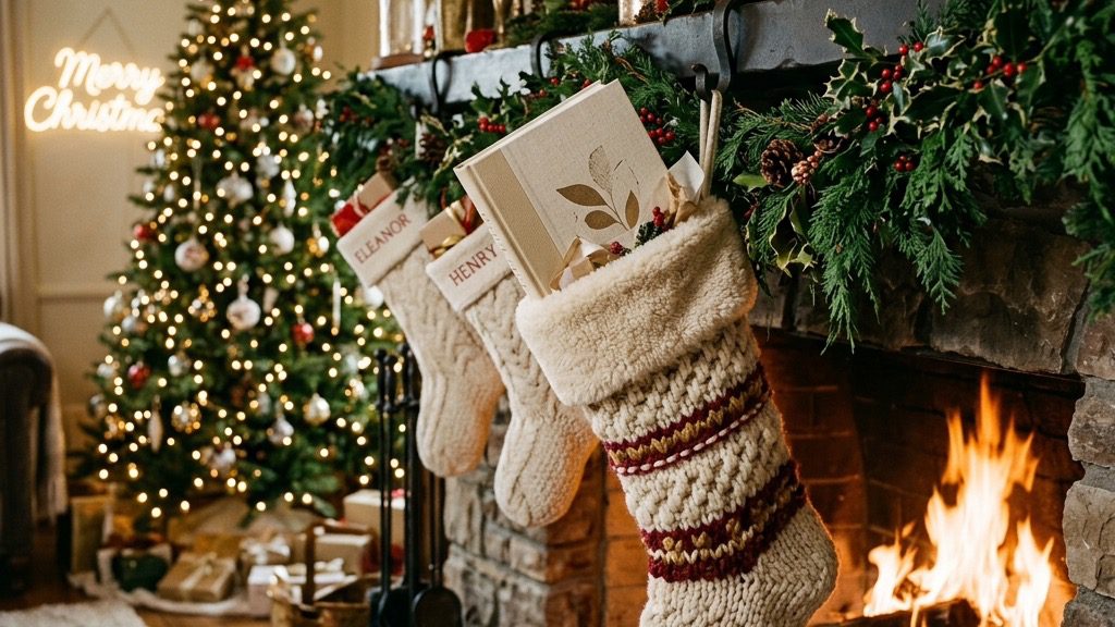 A breathtaking lifestyle shot of a thick artisan cookbook elegantly peeking out of a luxurious Christmas stocking hanging by a roaring fireplace.