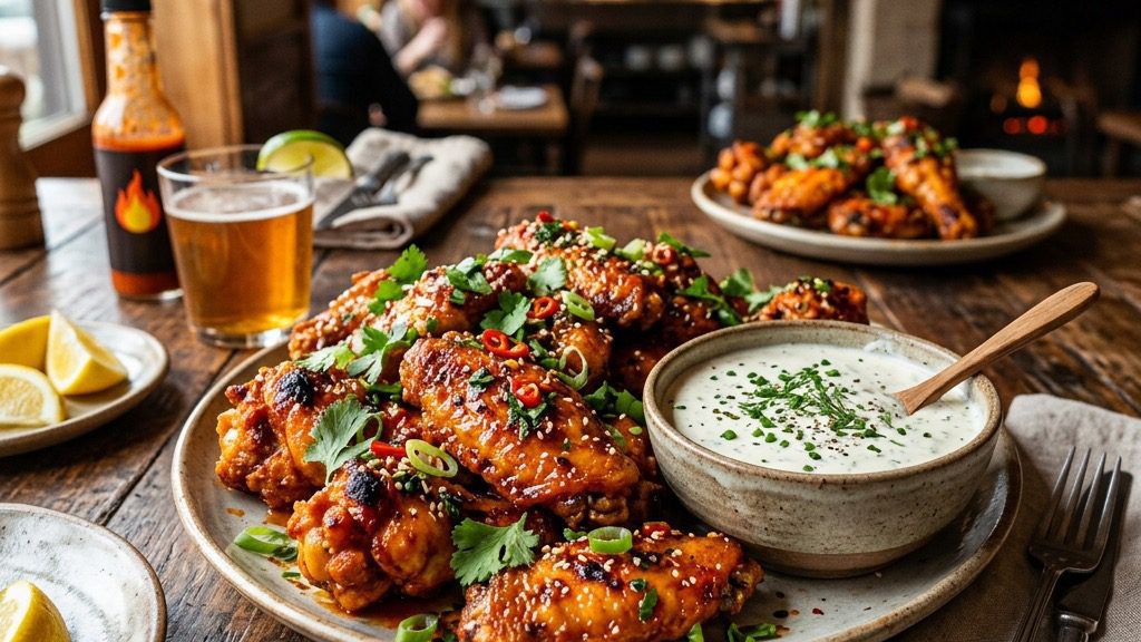 A vibrant, close-up shot of hot garlicky chicken wings garnished with fresh herbs alongside a creamy dipping sauce.