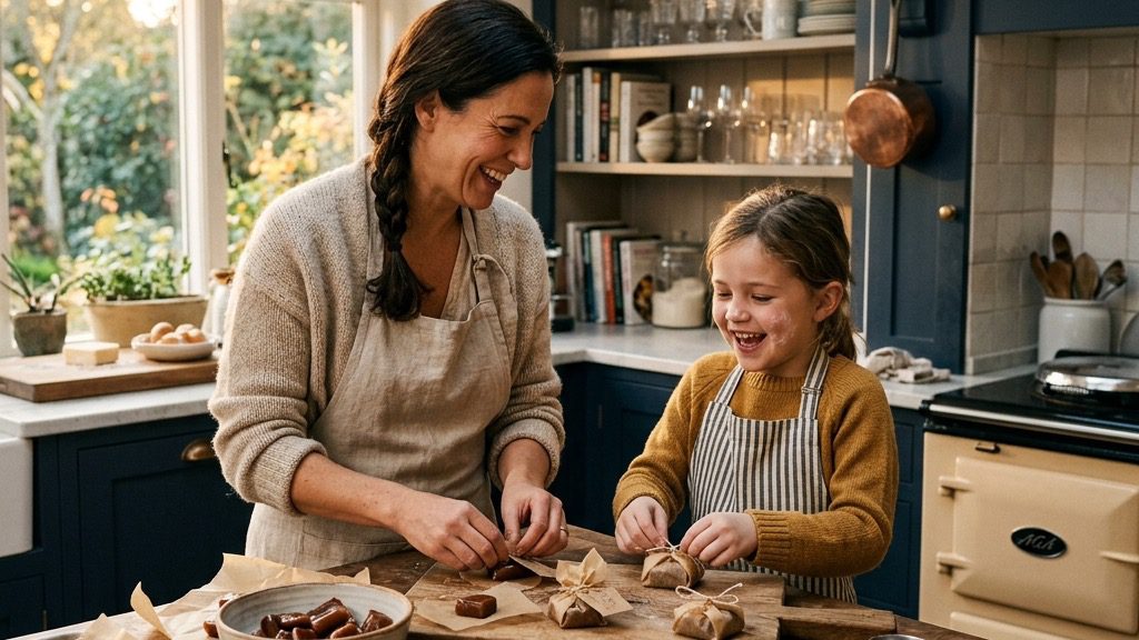 A cinematic lifestyle photograph of a mother and daughter laughing while baking and wrapping homemade candy in rustic parchment paper inside a warm kitchen.
