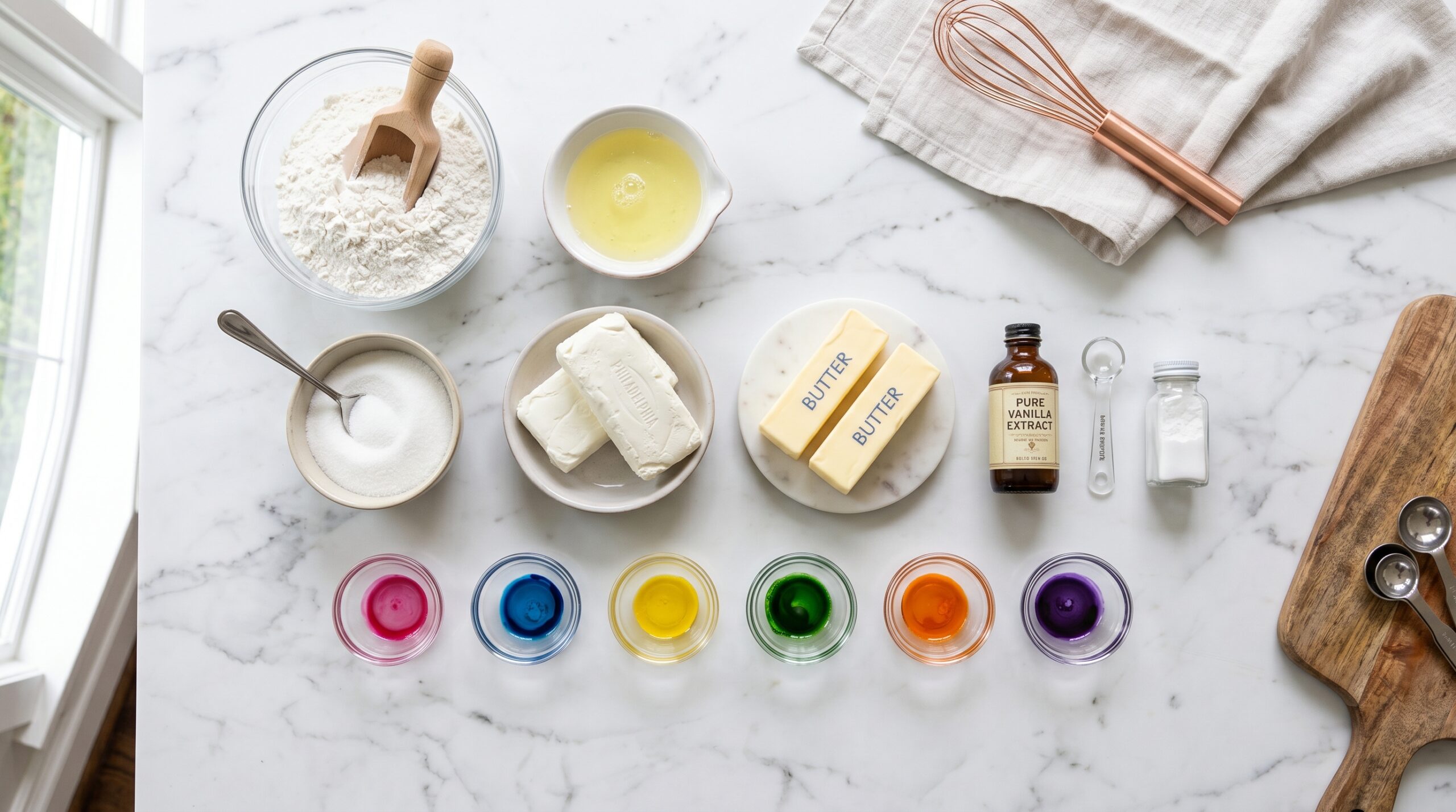 Mise-en-place flat-lay on a marble island showing white cake flour, egg whites, sugar, cream cheese, butter, vanilla extract, and tiny bowls of vibrant food coloring gels
