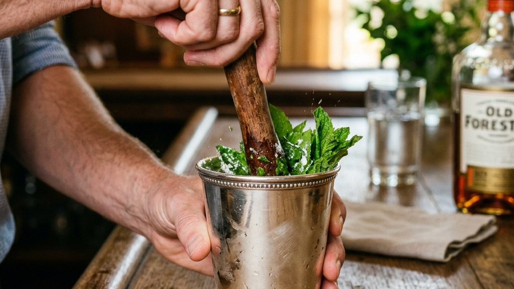 Hands actively muddling fresh mint leaves and sugar inside a silver julep cup