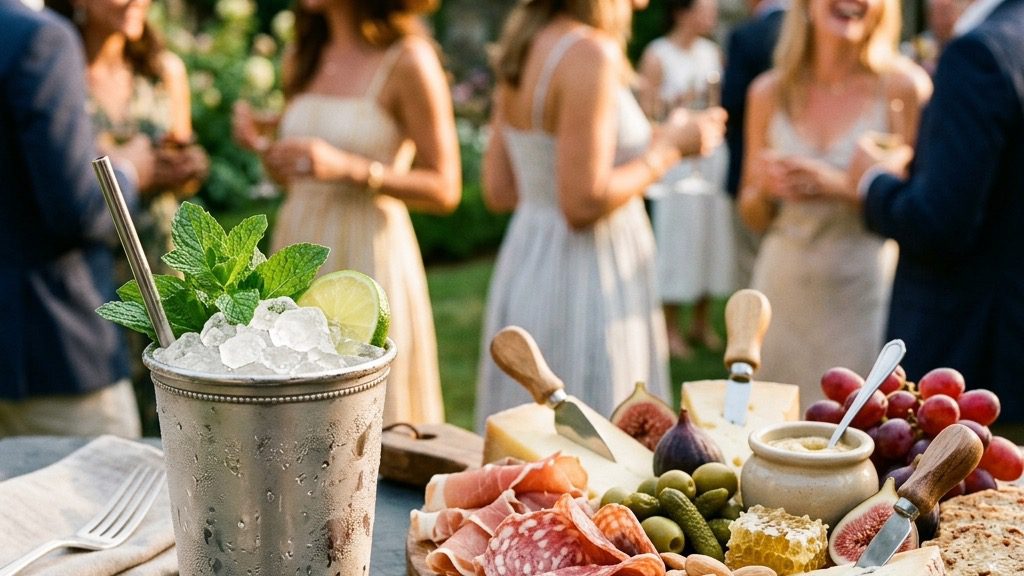 Frosty juleps and charcuterie board with bokeh background of guests in Derby hats