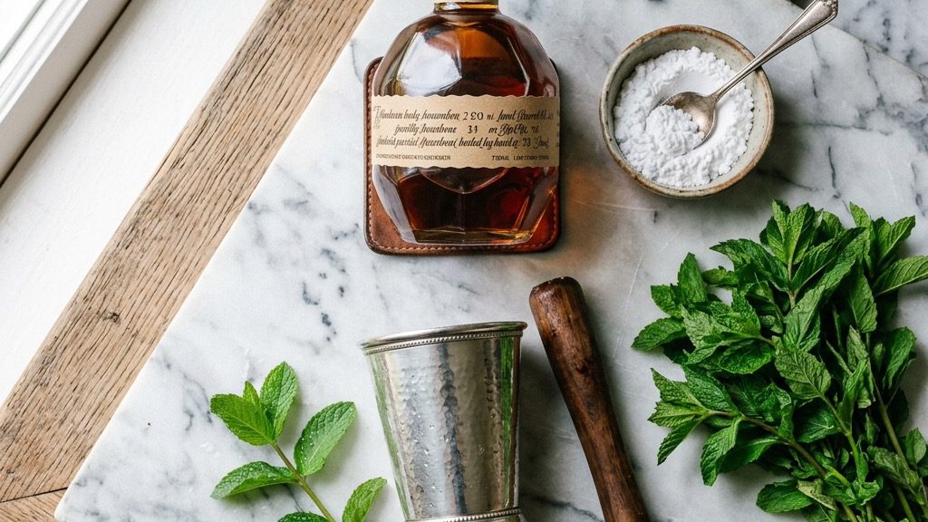Mise-en-place of raw ingredients: bourbon, mint, sugar, ice, and muddler on marble