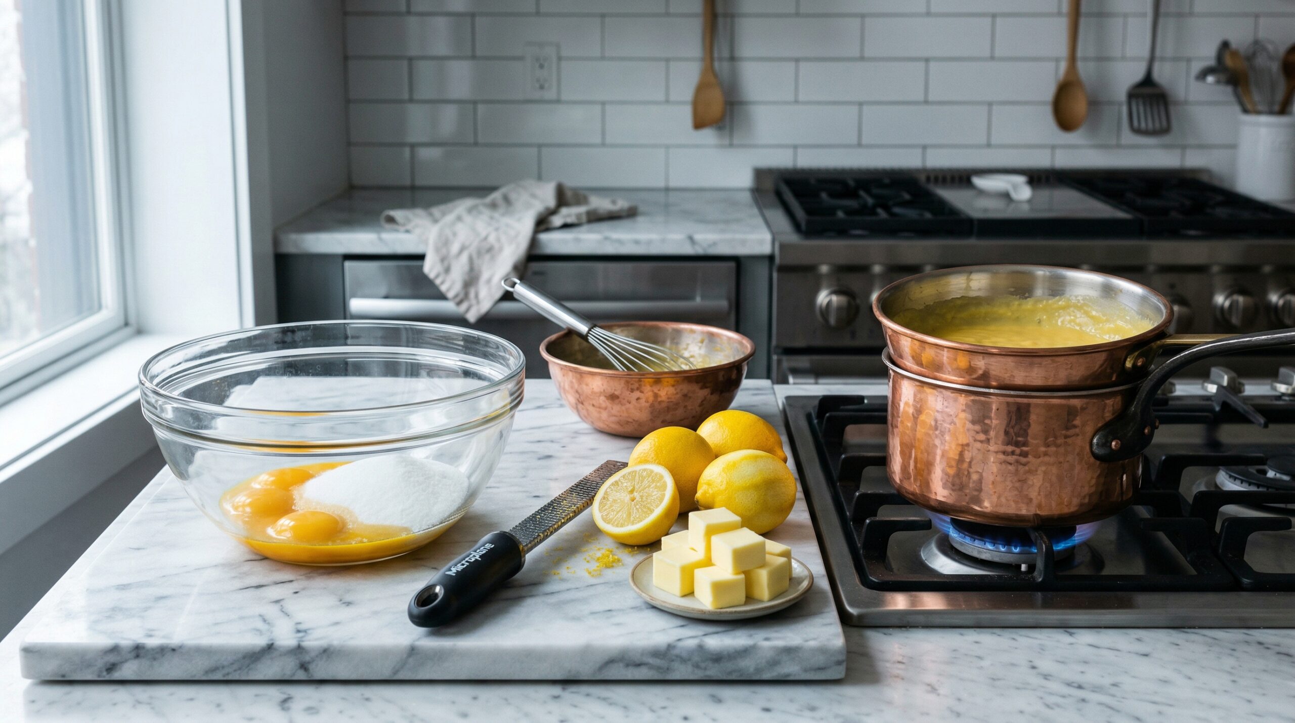 A heavy glass bowl filled with bright yellow egg yolks and granulated sugar resting next to a microplane zester, fresh Meyer lemons, and cubes of unsalted butter on a pristine marble counter
