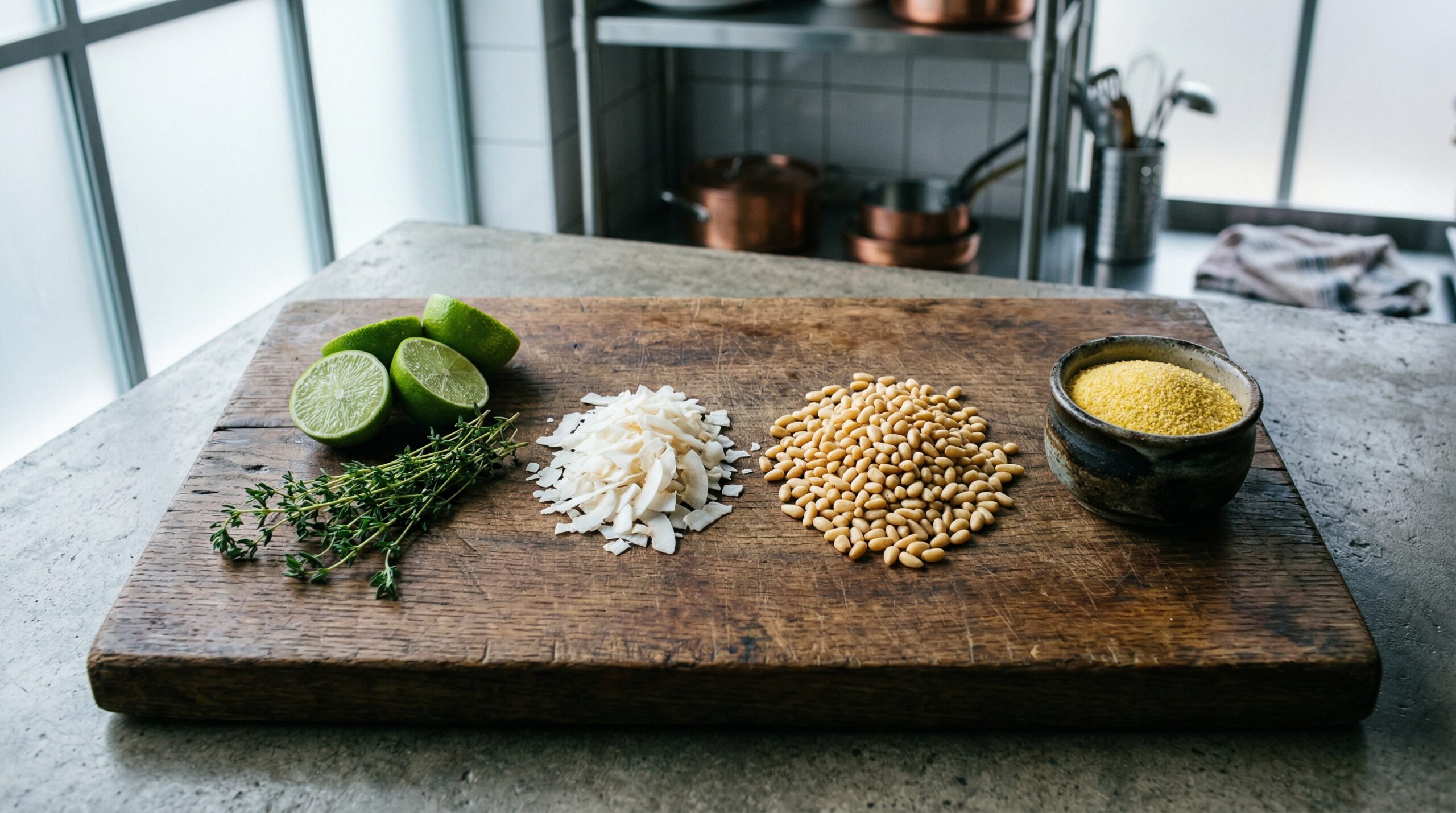 Fresh lime halves, vibrant green thyme sprigs, and coconut flakes on a wooden board