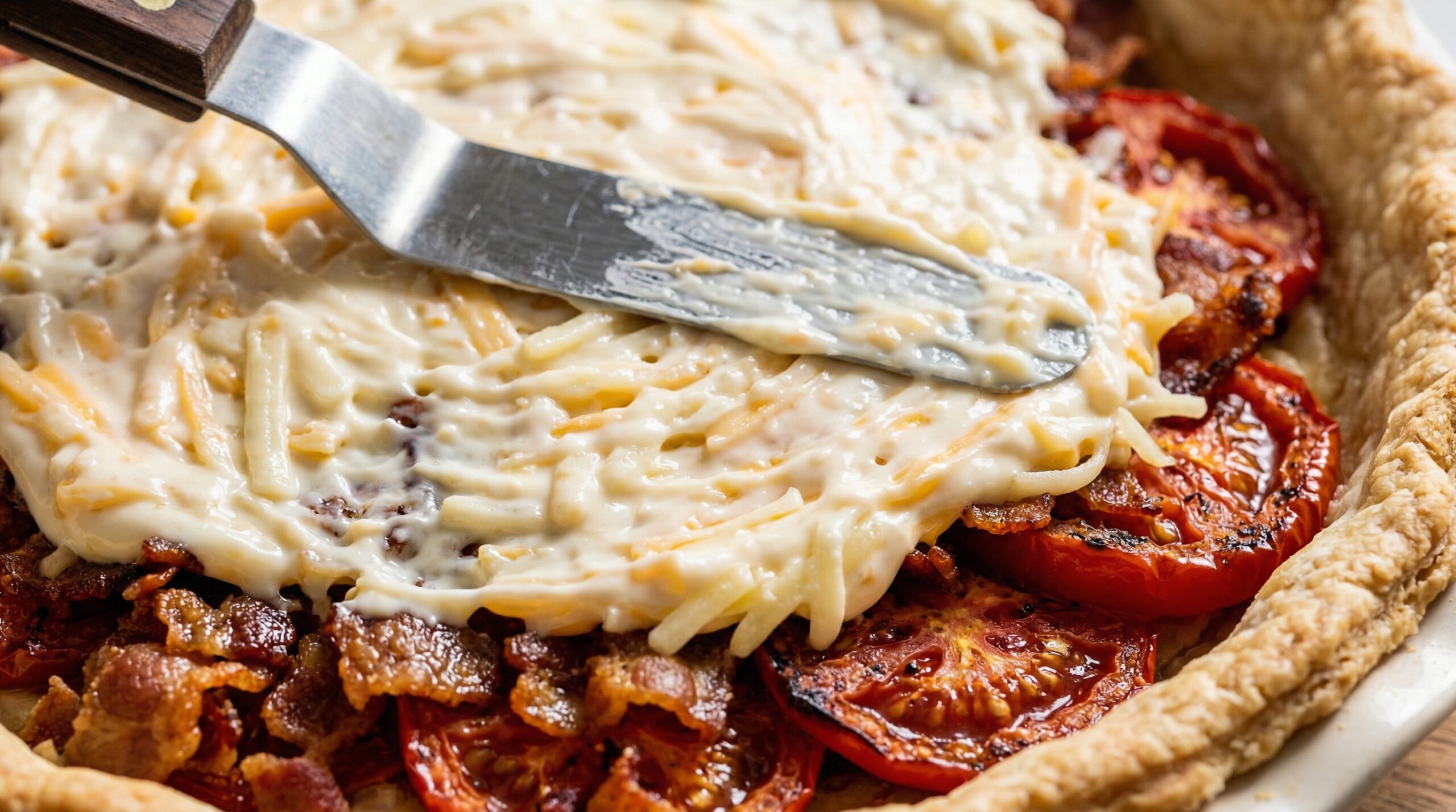Spreading a thick cheese and mayonnaise emulsion over tomato layers in a pie shell