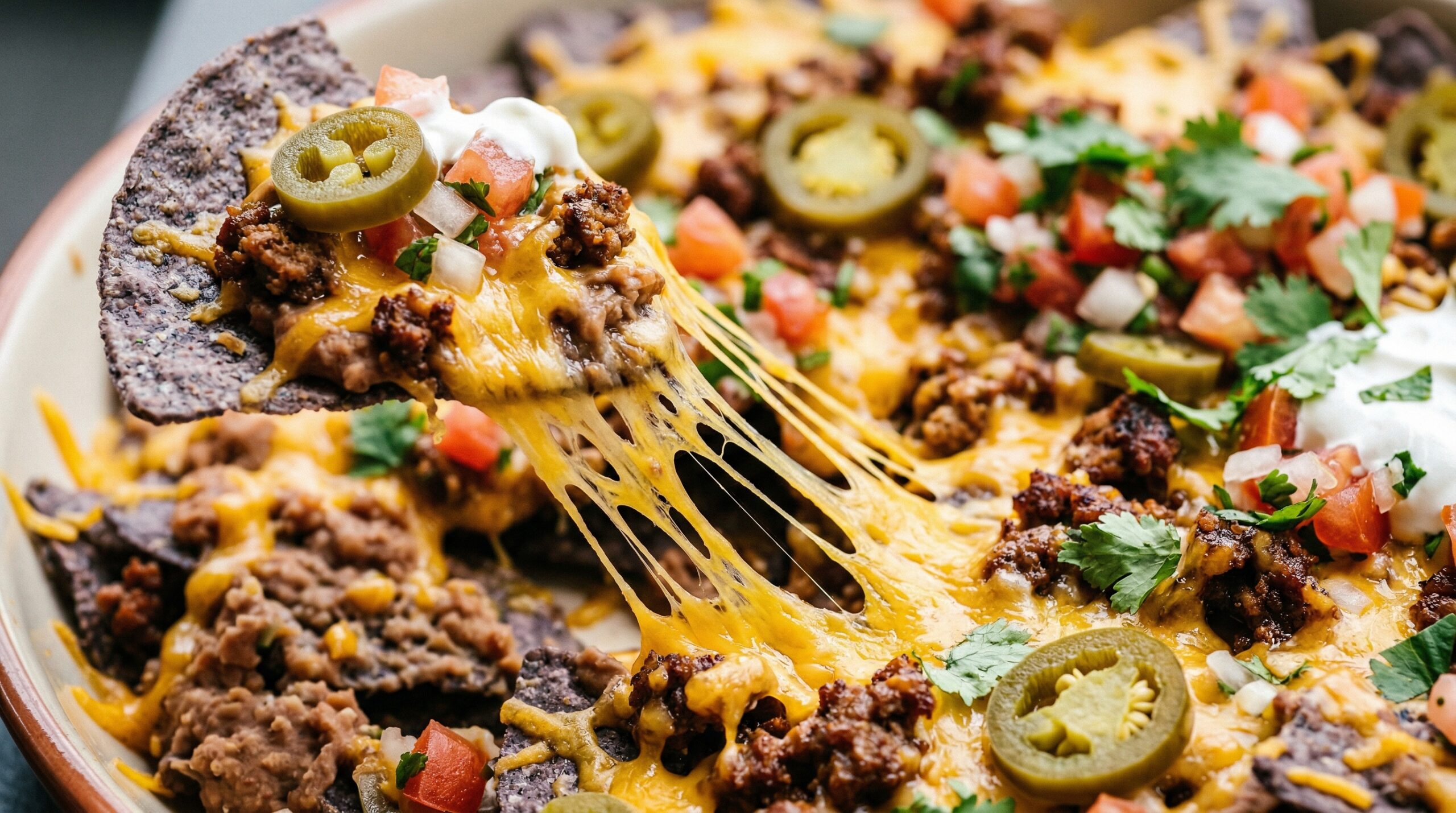 Melted sharp cheddar cheese stretching beautifully between a single tortilla chip and a massive platter of nachos