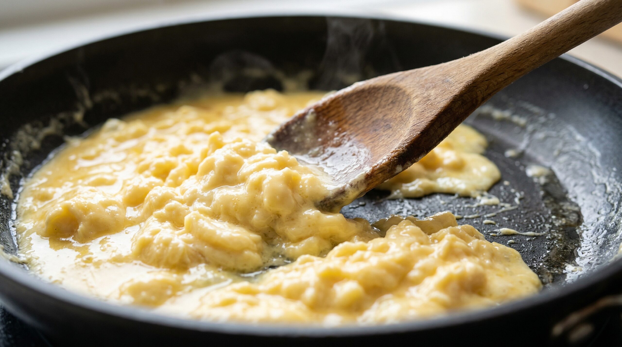 Macro detail of soft, pale yellow egg curds being stirred in a skillet