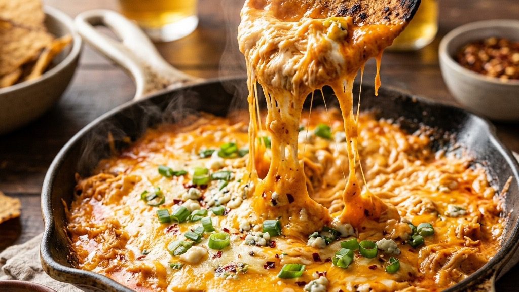 A thick, heavy-duty corn chip scooping deeply into a bubbling skillet of buffalo chicken dip.