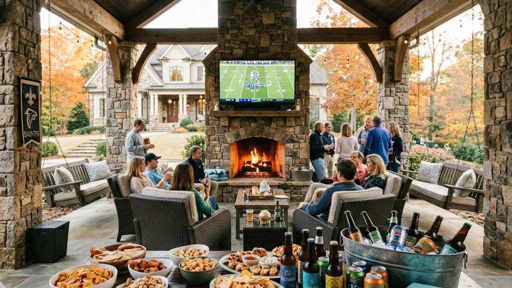 An architectural masterpiece shot of an elegant Southern Estate covered patio set up for an intense Sunday football tailgate party.