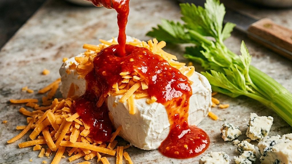 Vibrant red hot sauce pouring slowly over a block of rich cream cheese and freshly grated sharp cheddar.