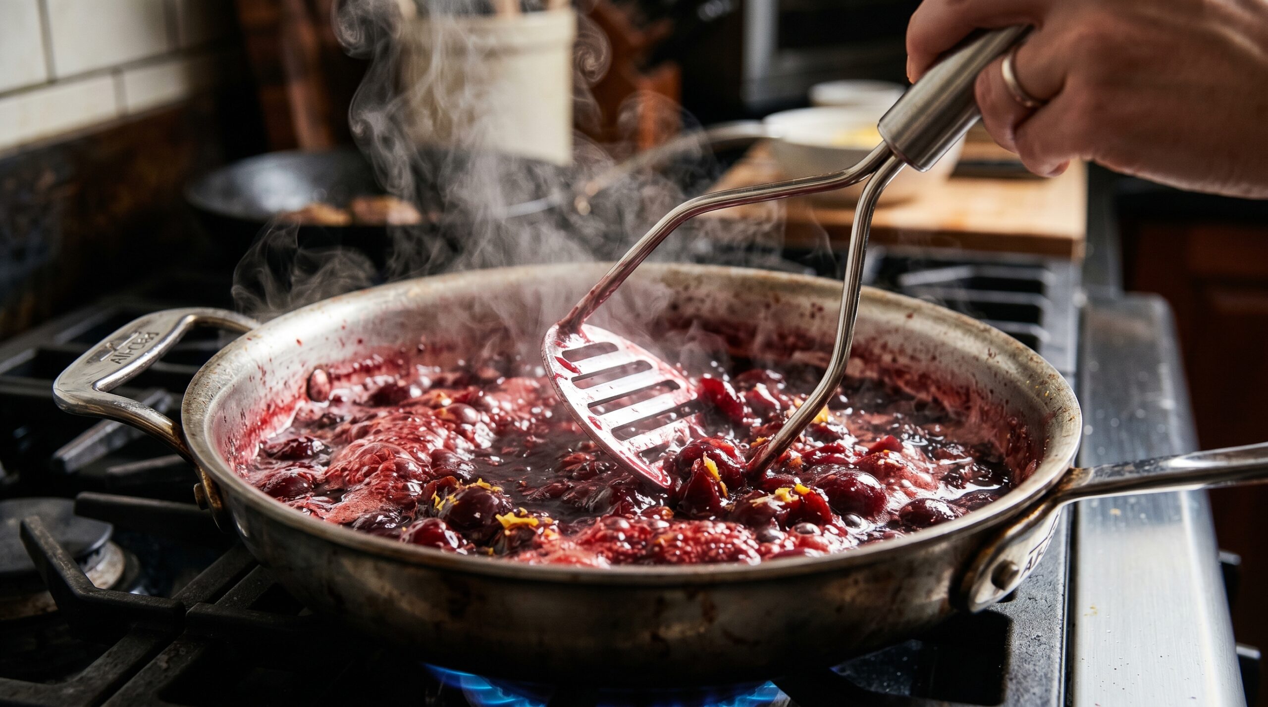 Action shot of a sleek silver potato masher firmly pressing down into a bubbling, thick, dark red mixture of simmering fresh cherries and lemon zest