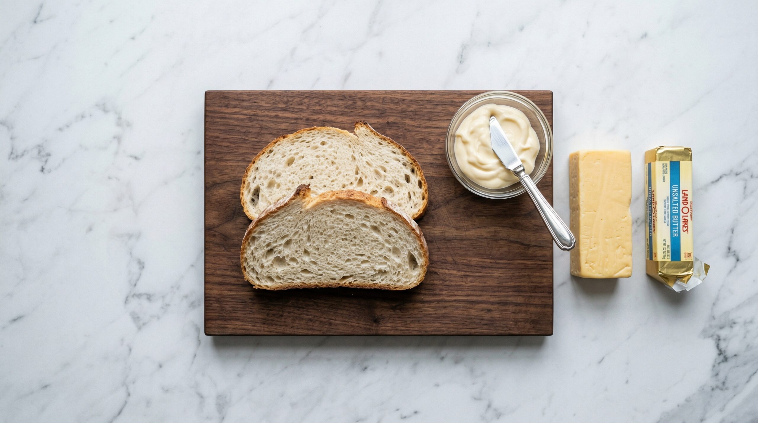 Thick slices of artisanal white bread resting next to a small glass bowl of high-quality mayonnaise, a silver spreading knife, and a block of premium melting cheese