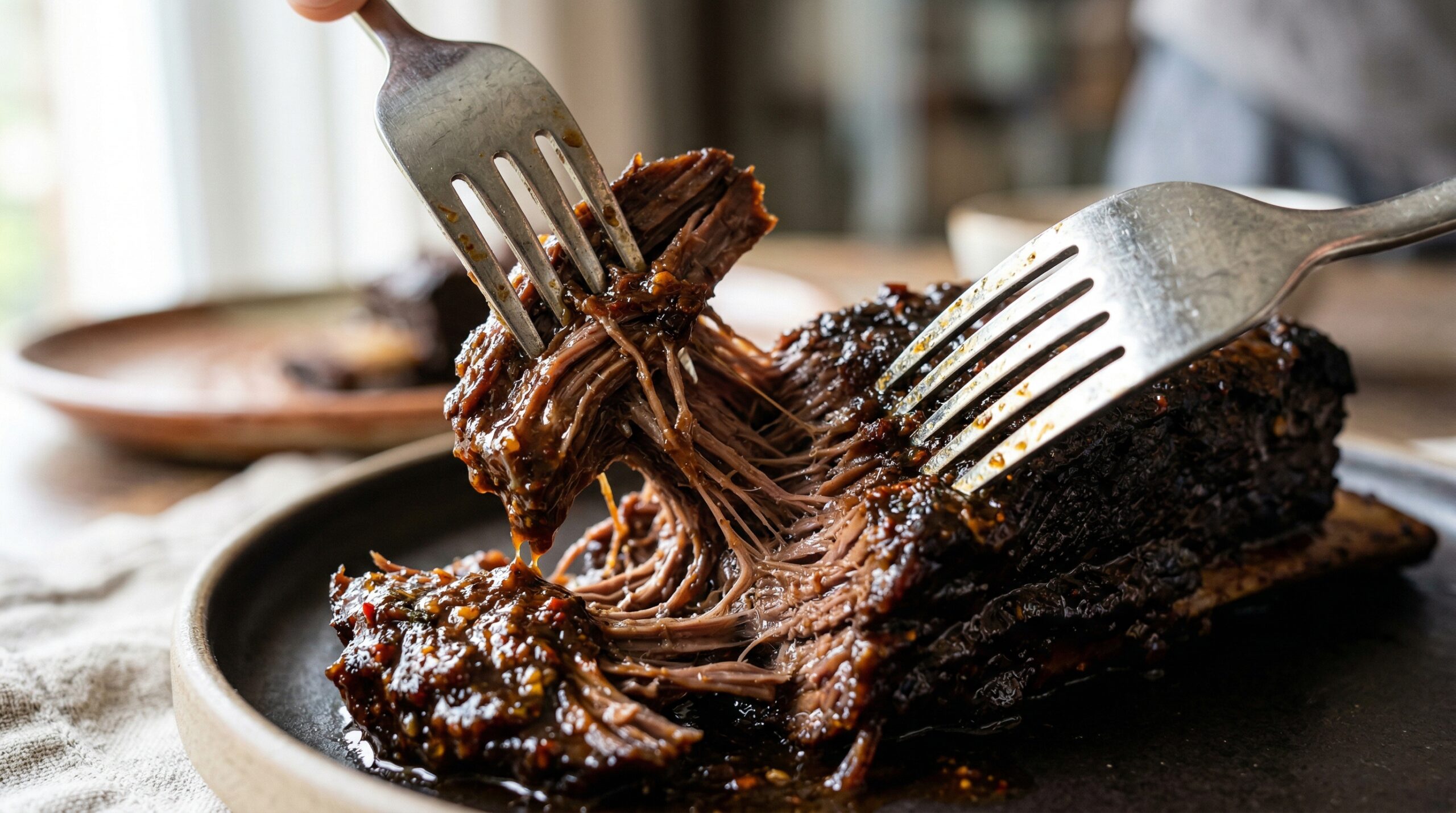 Two silver forks shredding tender slow-roasted beef short rib meat