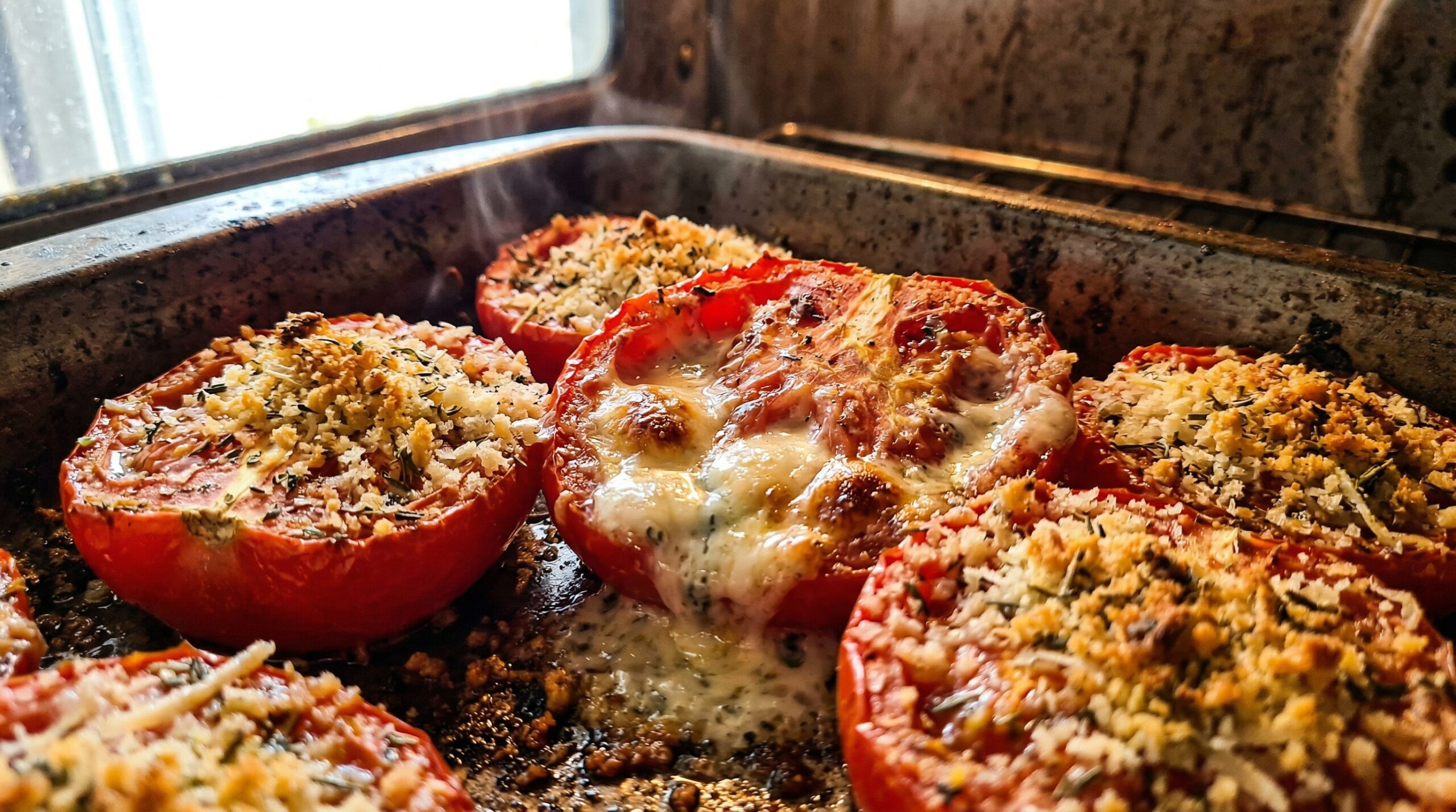 Macro detail of halved plum tomatoes actively roasting in a baking dish, with deeply melted Gorgonzola cheese bubbling into the slashed cores