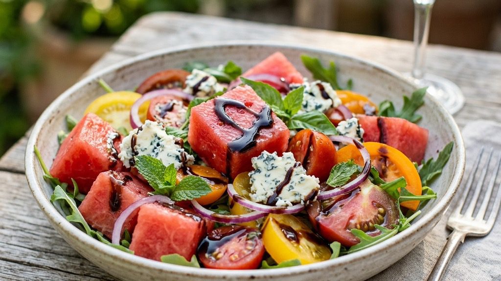 A vibrant, fresh summer salad featuring thick slices of red watermelon, heirloom tomatoes, and blue cheese crumbles drizzled with thick balsamic reduction.