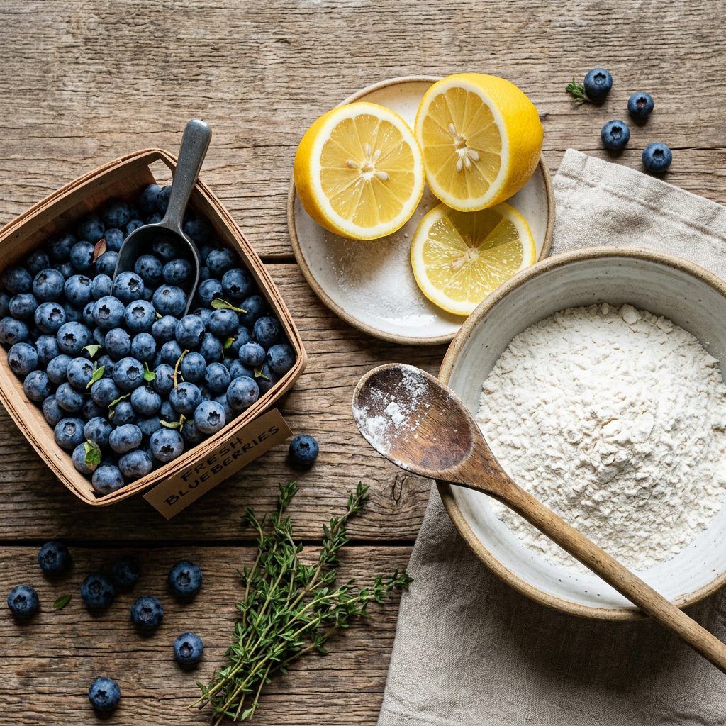 A rustic setup showing the raw ingredients of a fresh summer bake: freshly picked blueberries and bright yellow Meyer lemons.