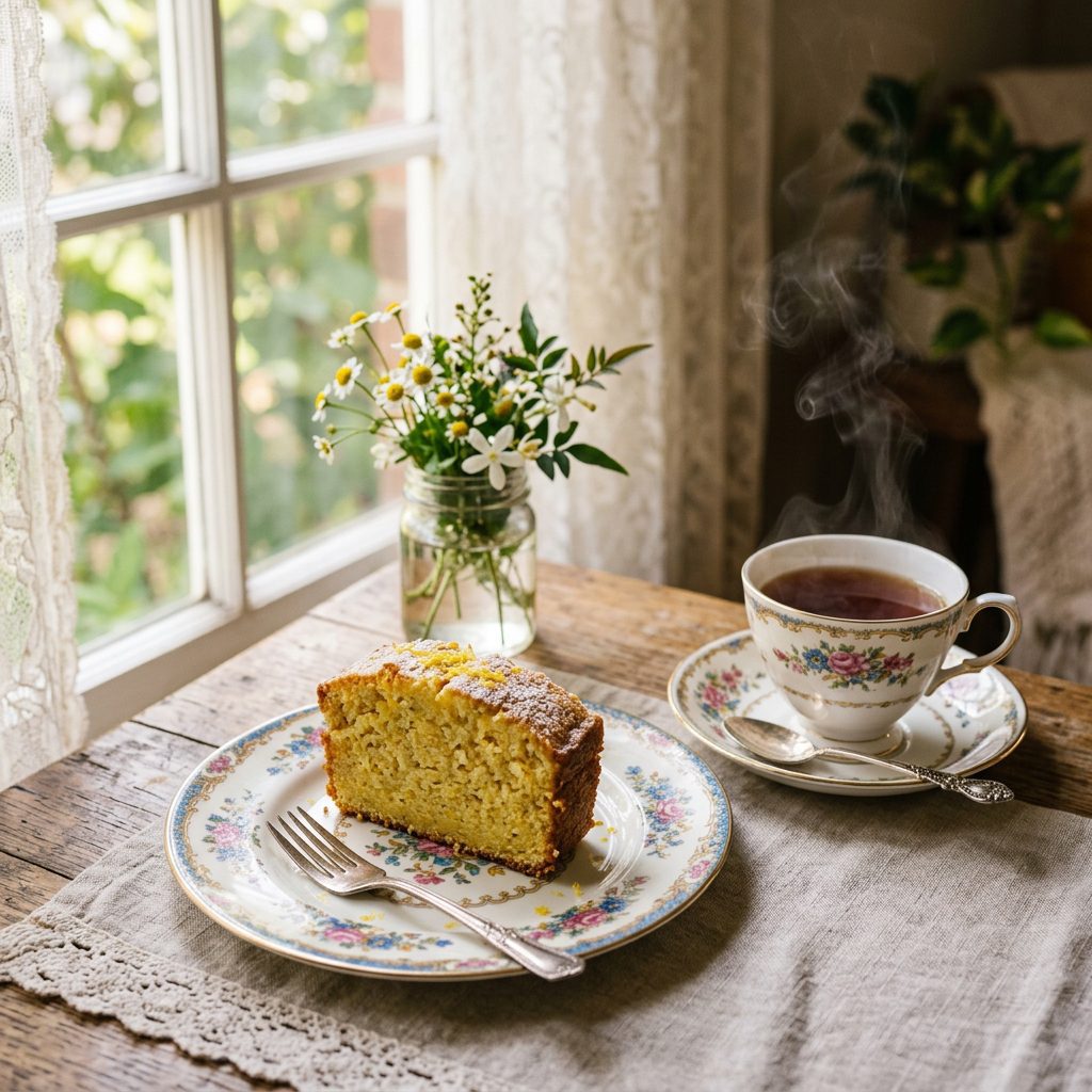 A beautiful slice of Meyer lemon olive oil loaf cake resting on a dainty vintage floral china dessert plate.