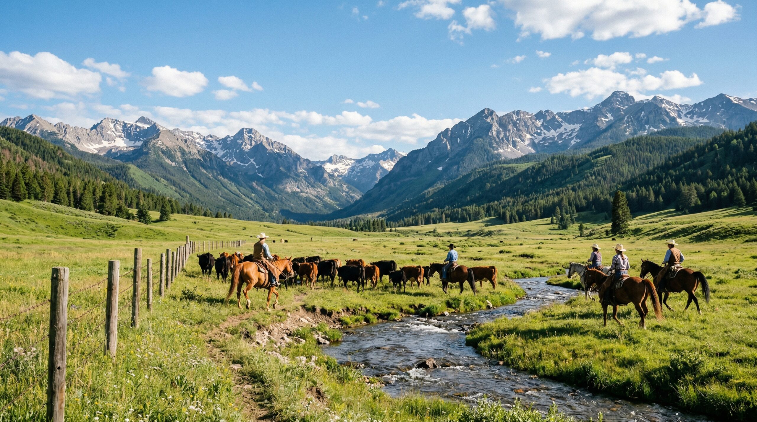 A cinematic view of horseback riders gently herding cattle through a wide, grassy Montana valley