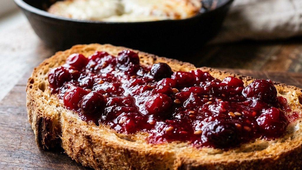 A tightly zoomed, macro architectural photography shot of sweet Cranberry sauce smeared across a thick slice of golden toasted artisan bread