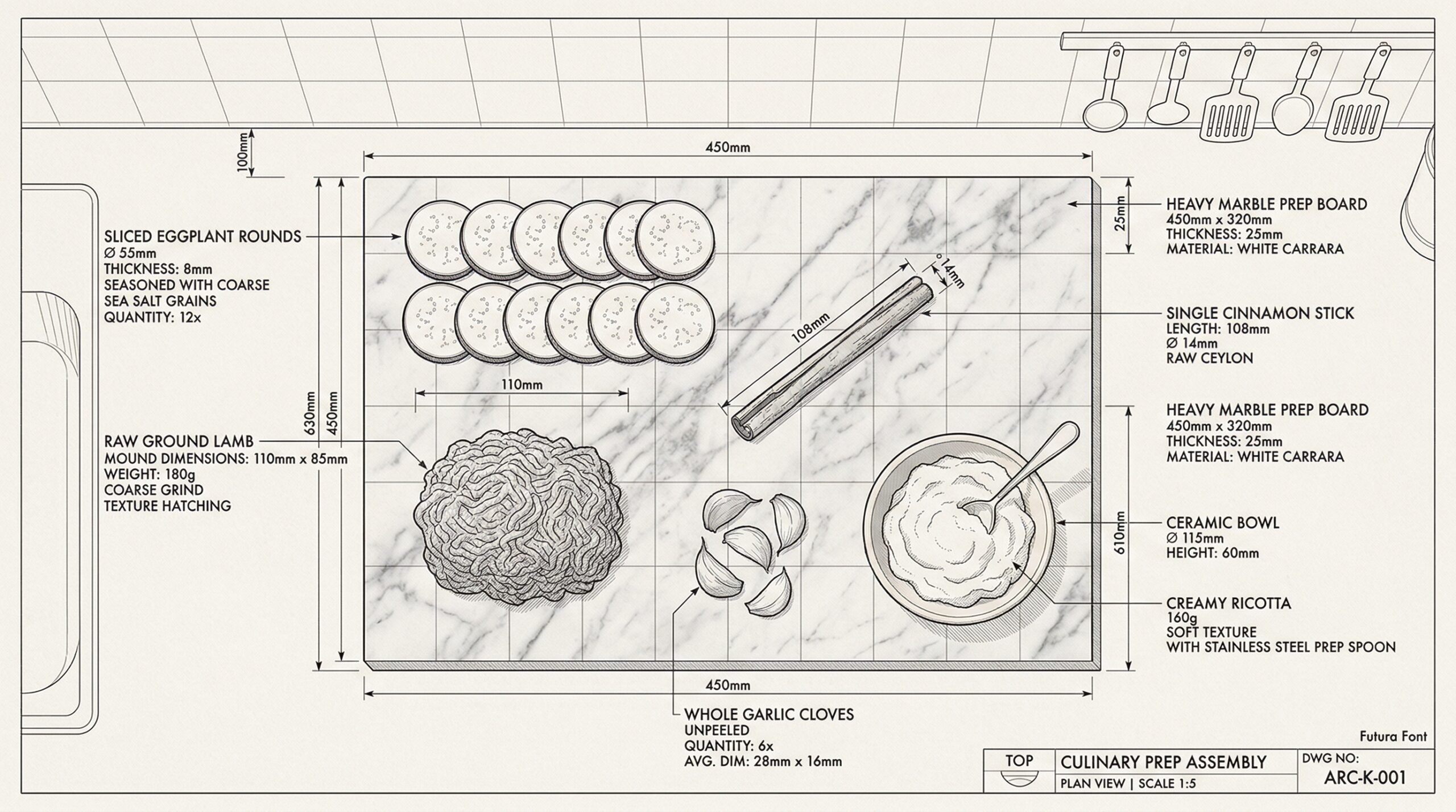 Slices of salted eggplant, ground lamb, and cinnamon on a marble board