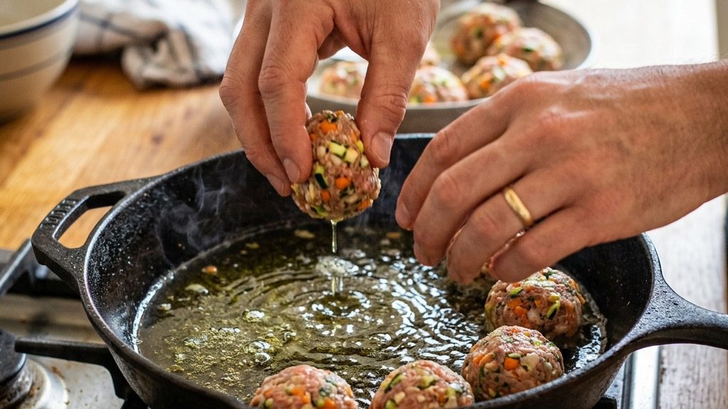 Action shot of hands gently folding finely diced, sautéed eggplant into a large glass mixing bowl filled with raw ground meat and fresh herbs
