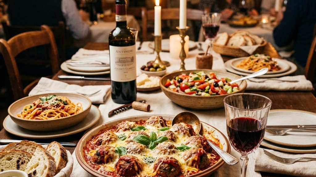 A massive serving platter of Muenster-draped meatballs in marinara sauce placed in the center of a warm, candlelit dining table surrounded by family