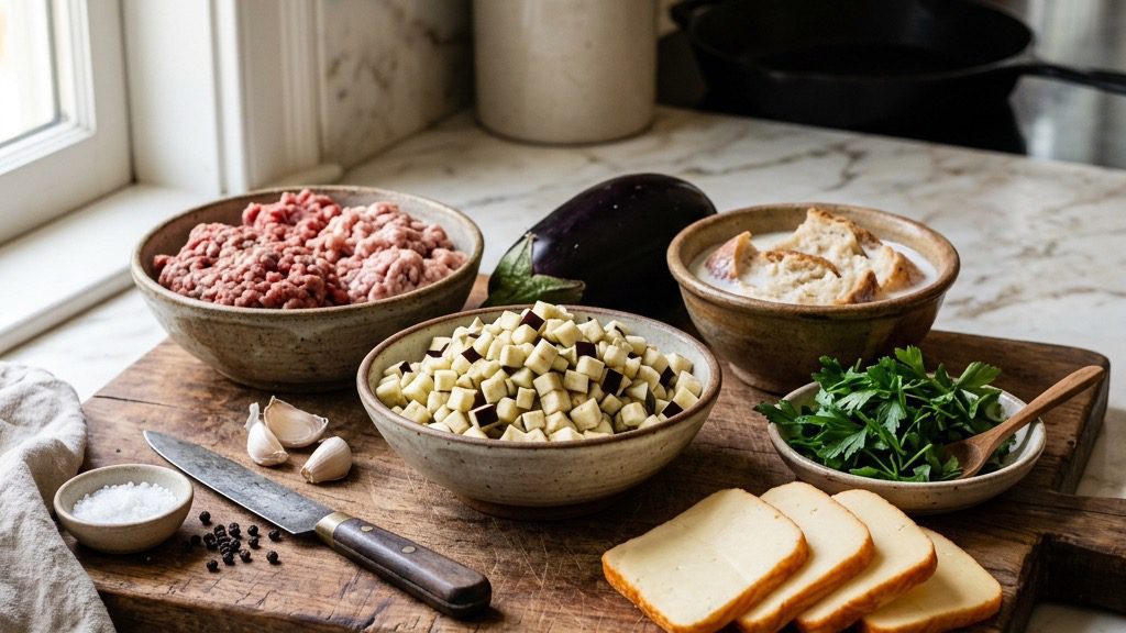Mise-en-place of raw ingredients for meatballs: finely diced eggplant, ground meats, milk-soaked bread, fresh parsley, and slices of Muenster cheese arranged on a marble slab