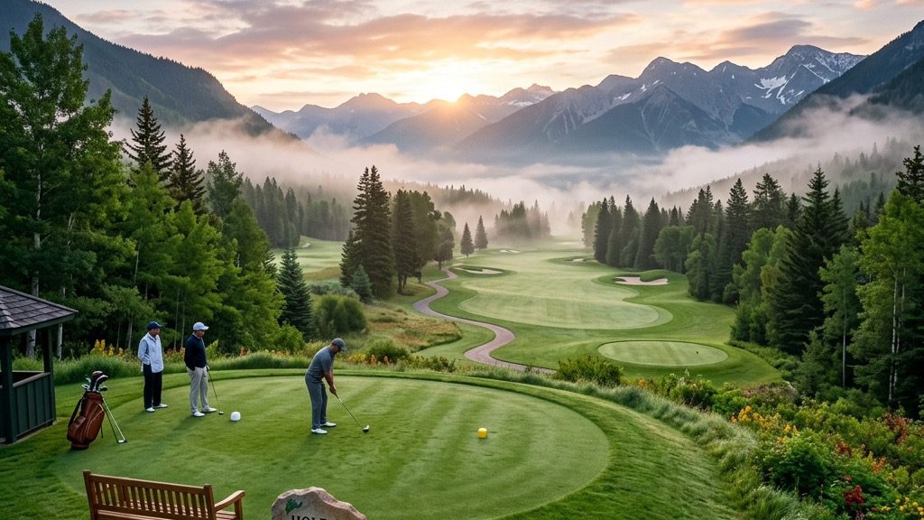 A misty morning at a prestigious mountain golf course tee box.