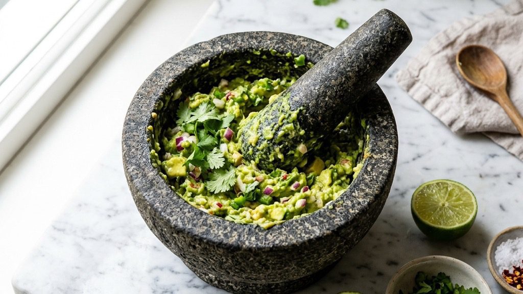 High-end food photography of a stone mortar filled with vibrant, chunky guacamole and lime halves on marble.