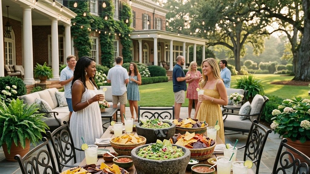 An architectural masterpiece shot of an elegant Southern Estate backyard patio set up for a vibrant afternoon guacamole party.