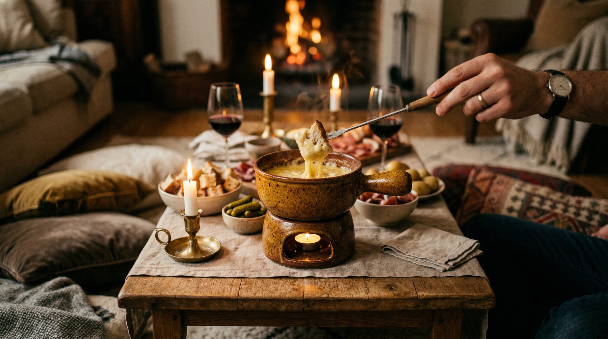 A vintage ceramic fondue pot bubbling with rich, melted cheese on a low coffee table