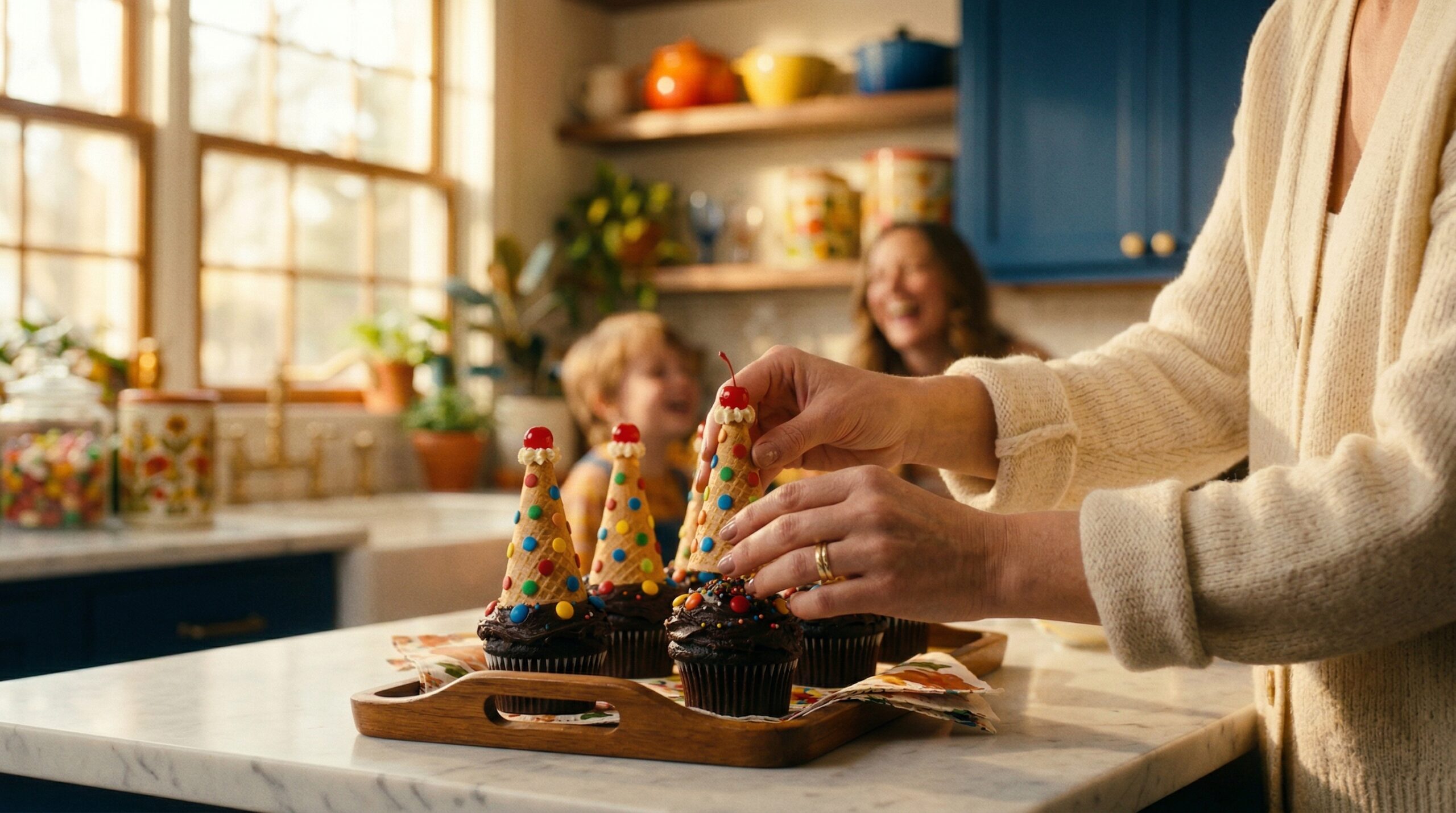 Hands decorating chocolate cupcakes with ice cream cones in a sunlit kitchen