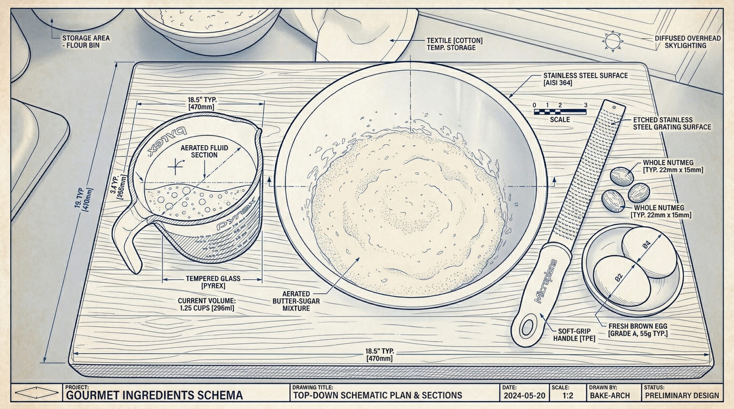 A heavy glass measuring cup filled with thick buttermilk next to a stainless steel bowl of pale, aerated creamed butter and fresh nutmeg on a wooden prep board