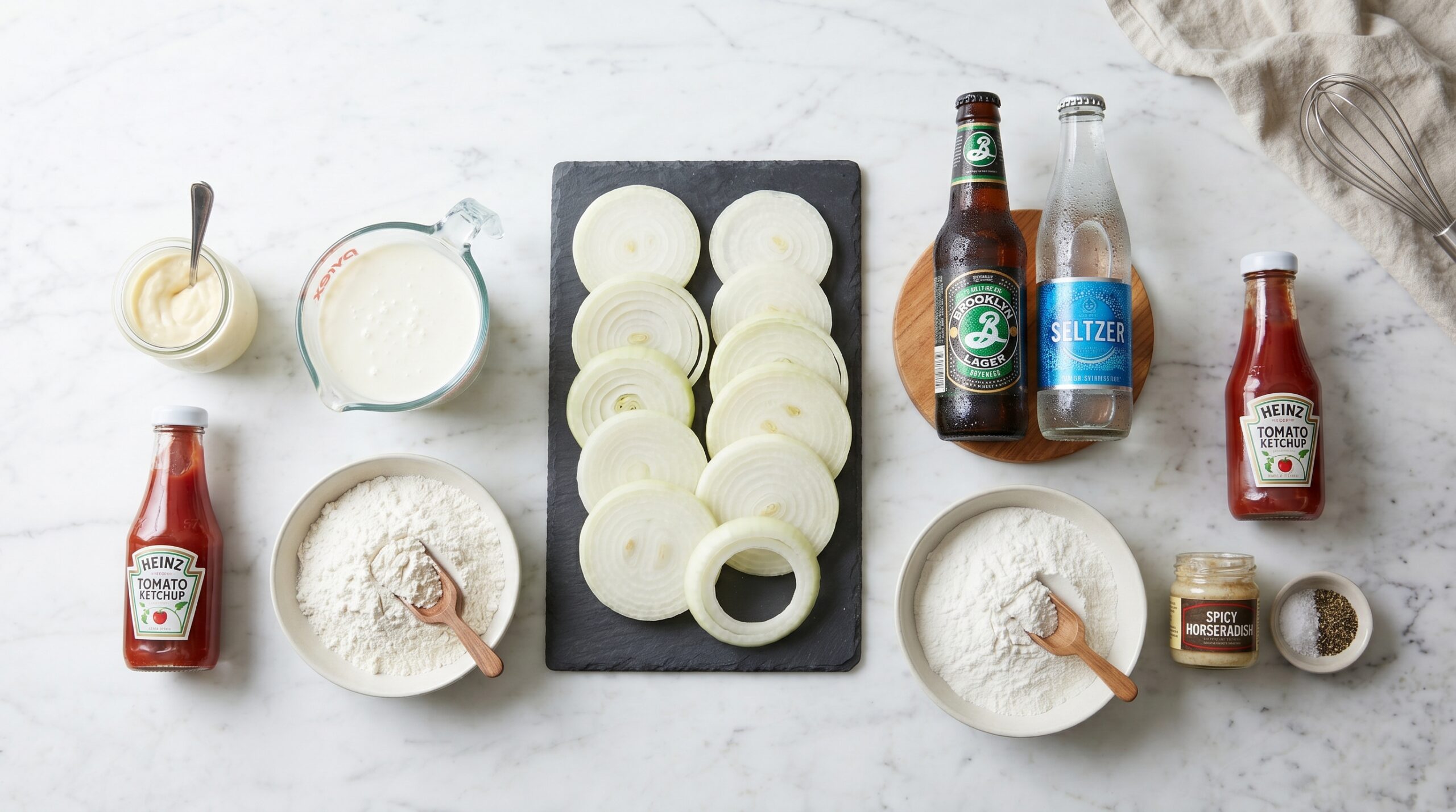 Mise-en-place flat-lay on a marble island showing thick slices of raw white onion, buttermilk, flour, rice flour, club soda, beer, and dipping sauce ingredients