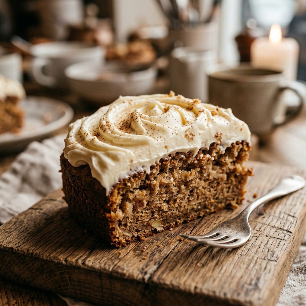 A cinematic photograph of thick cream cheese frosting swirled perfectly atop a warm spiced apple cake slice.