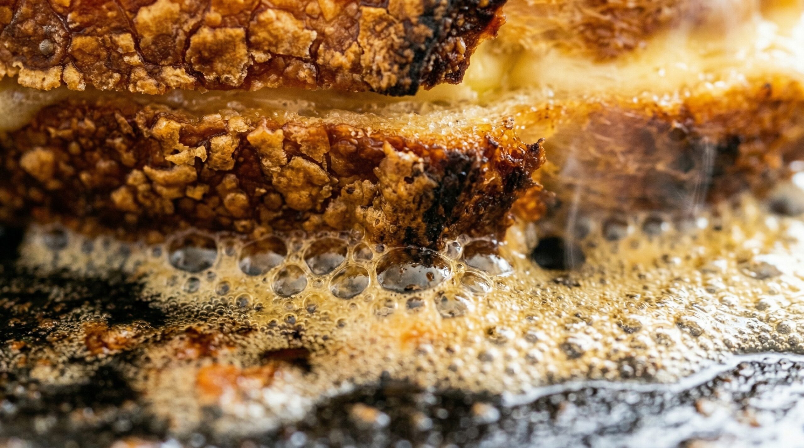 Macro detail of a mayonnaise-coated thick sandwich actively pan-frying in bubbling, melted butter inside a heavy cast-iron skillet, developing a shattered golden crust